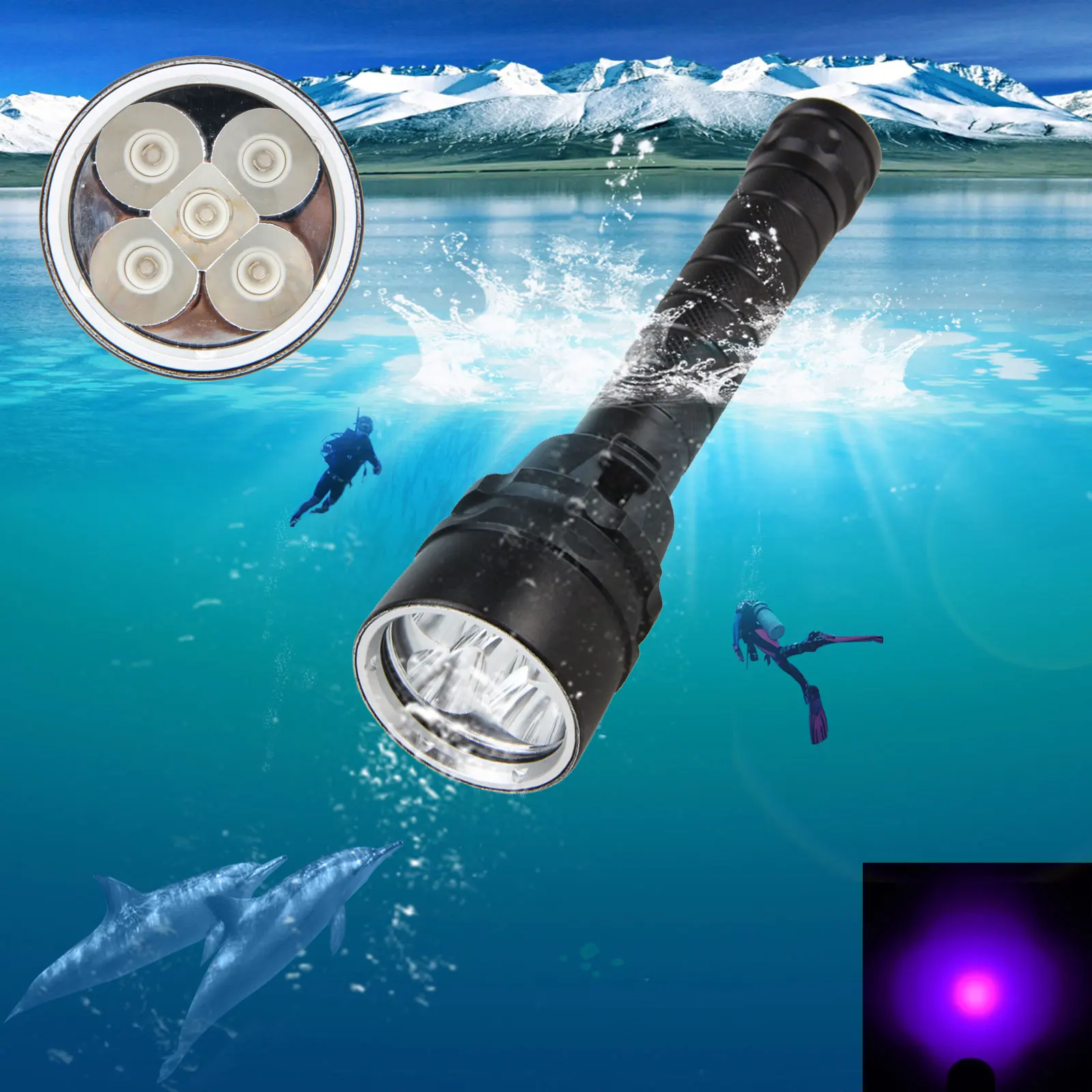 395nm UV Diving Flashlight D2 Dive Purple Light UV Scuba Purple Light Underwater Ultraviolet Dive Waterproof Flashlight Lantern