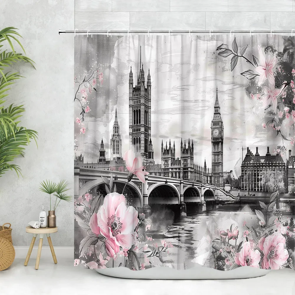 Urban Building Shower Curtain, Vintage Paris Tower Big Ben Street Scenery Red Phone Booth Plant Flower Polyester Bathroom Decor