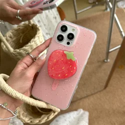 Pink red and white splashed ink phone case with strawberry magnetic bracket For iPhone 11 12 13 14 15 16 17 pro max