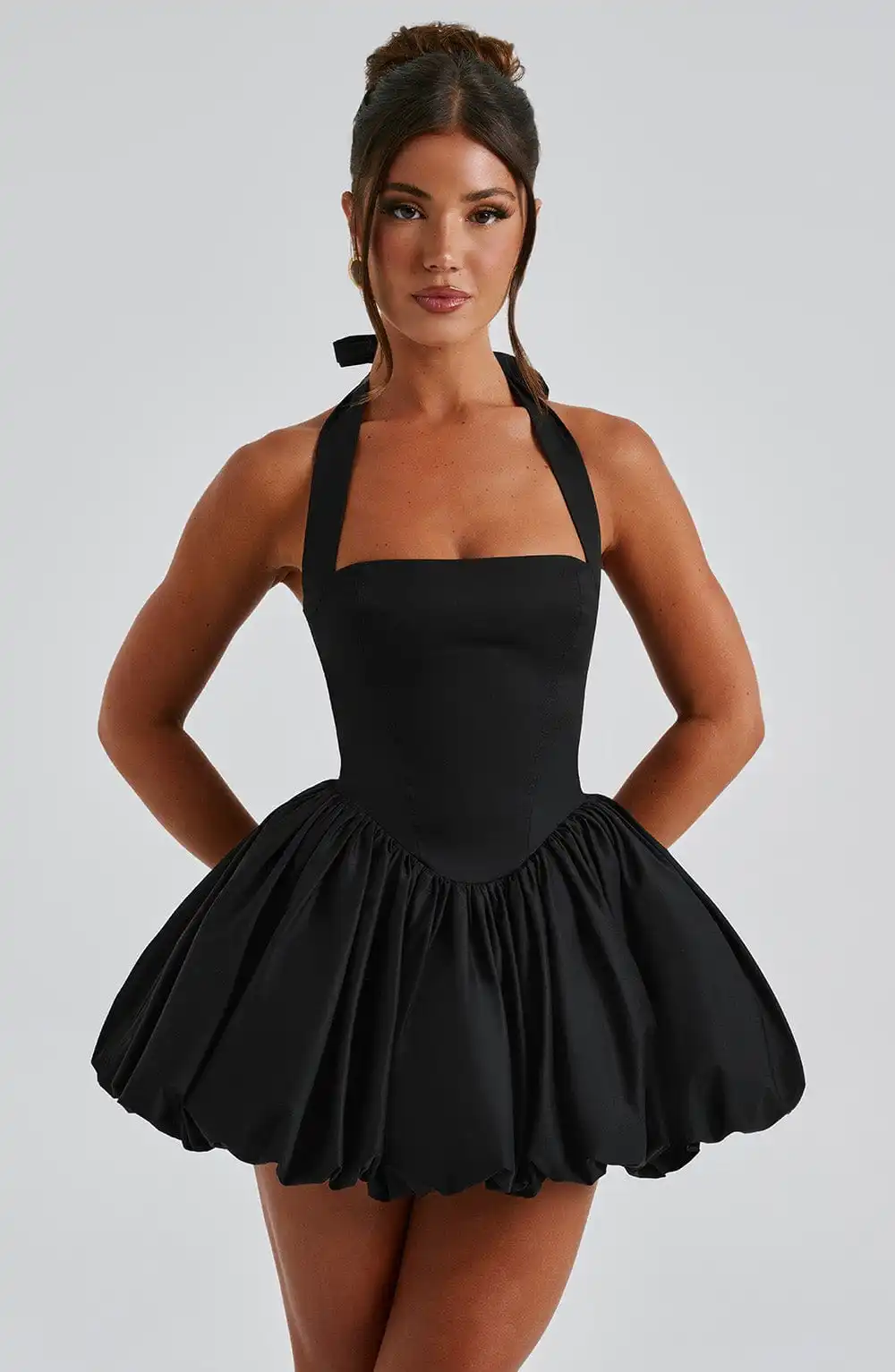 

PuTao Women Bubble Halter Mini Homecoming Dress Black Elegant Summer Tie up Backless Corset Evening Party Club Short Dress