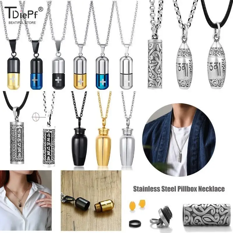 1PCS  Waterproof Pill Bottle Necklace Pendant Memorial Hollow Tube Stainless Steel For Men Women Jewelry Pill Bottle Case Holder