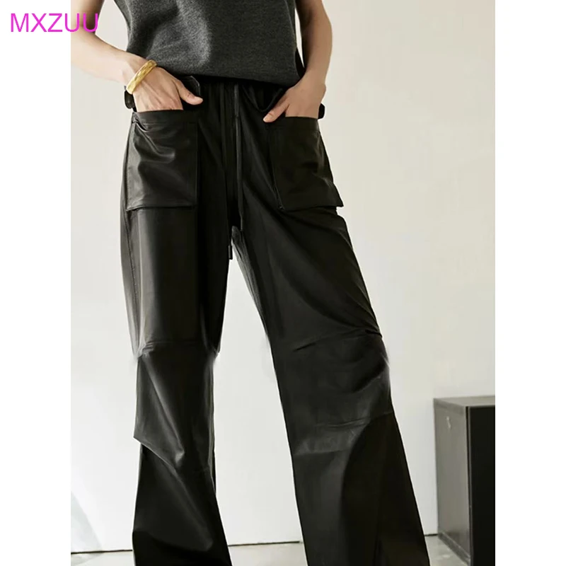 

Genuine Leather Pants Spring Autumn Fashion Ladies Sheepskin Straight Trousers Slim Temperament Black Cargo Pants Calça Feminina