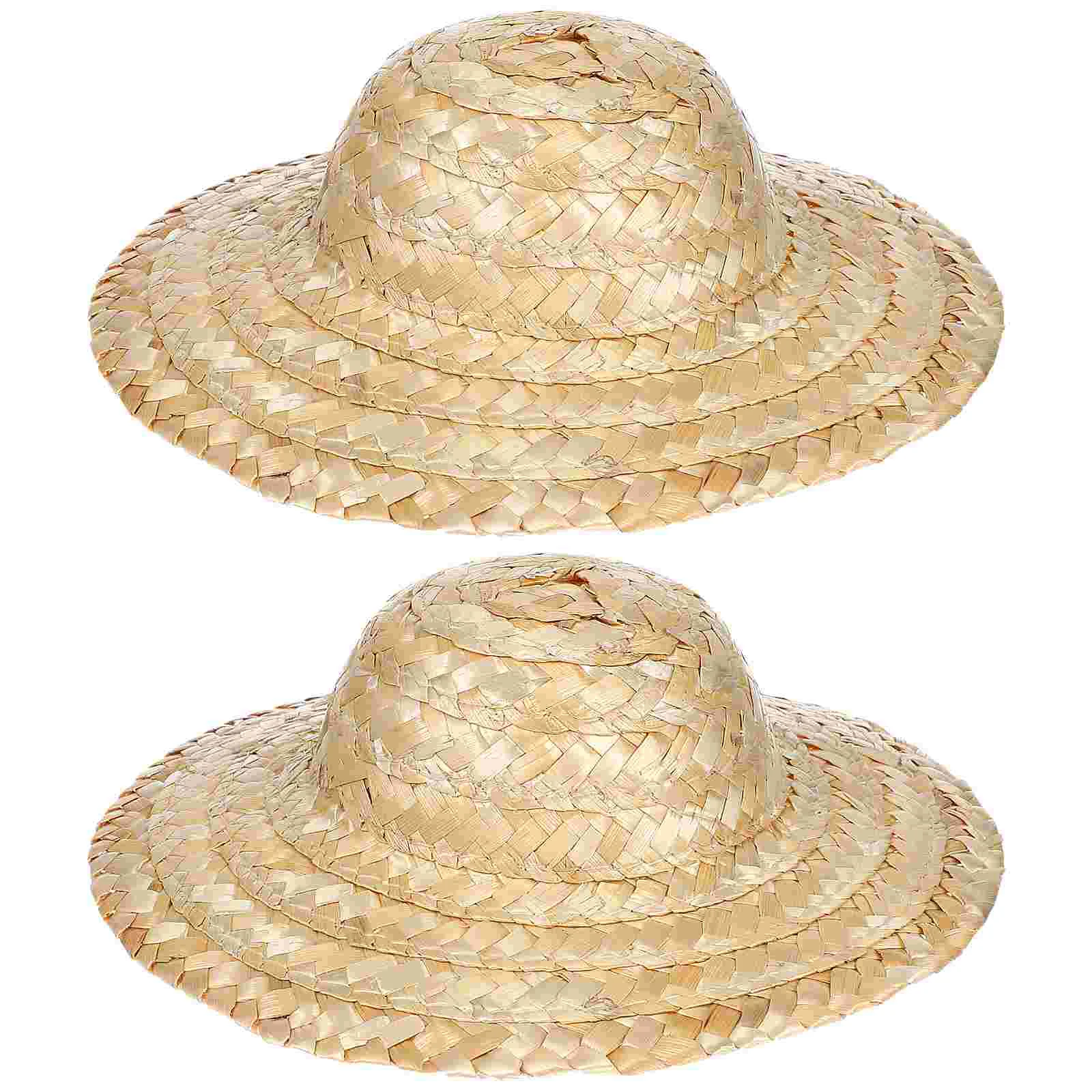 

2 Pcs Braided Straw Hat Clothes Accessory Girls Toys Lovely Hats Model Hand-woven Man Crafts