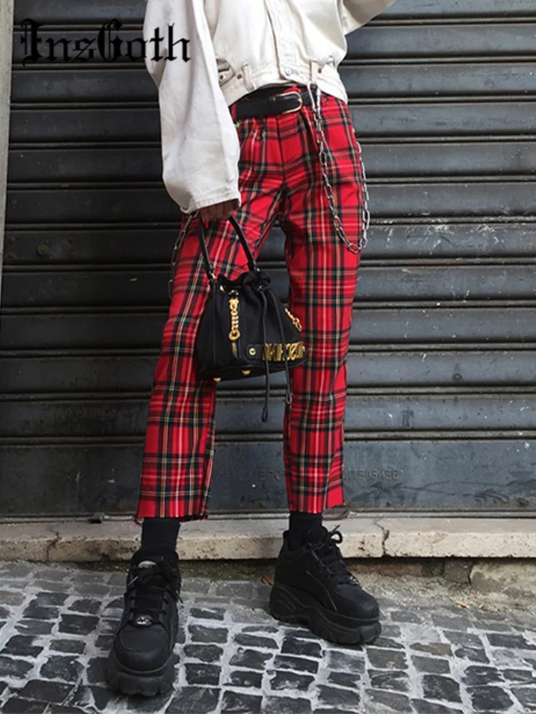 InsGoth Punk Streetwear Red Plaid Striaght Pant Women Gothic Harajuku High Waist Long Trousers Casual Partwork Slim Pant Fashion