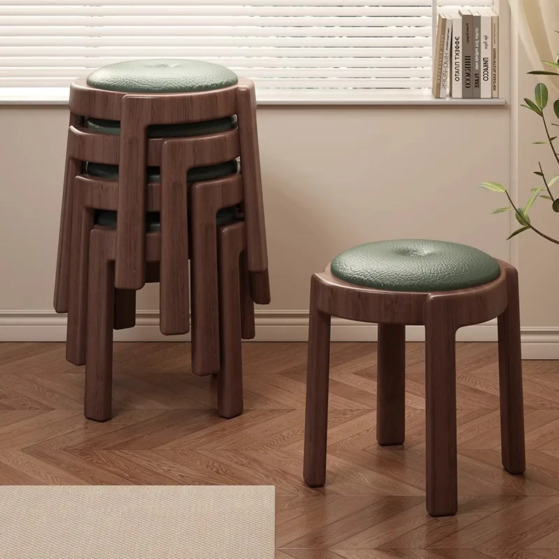 Stackable Dining Stools Mid Century Modern Round Ottoman for Living Room Space Saving Vanity Seat Light Luxury Solid Wood Stools