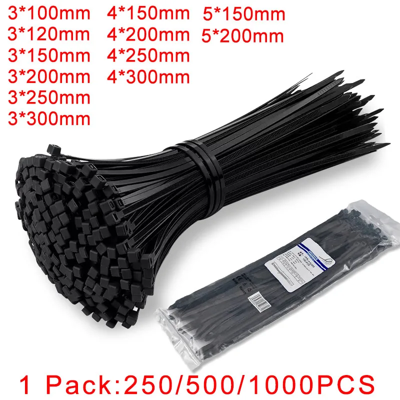 

250/500/1000Pcs Black Self-locking Plastic Nylon cable Zip Ties 3*100 3*150 4*200 Fastening Ring Nylon Clamp strap with lock