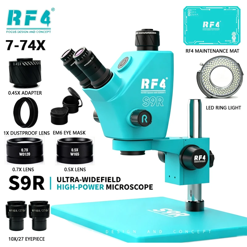 RF4 S9R Trinocular Microscope 7-74X Continuous Zoom 27MM Ultra Wide Field HD Sharp Imaging for Phone PCB and Electronics Repair