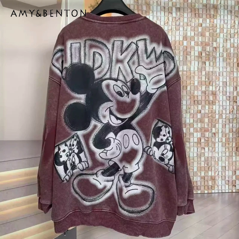 

Trendy Hoodies Autumn Winter Fleece Heavy Wash Cartoon Loose Top Fashion Thickened Crew Neck Sweatshirt Women's Kawaii Clothes