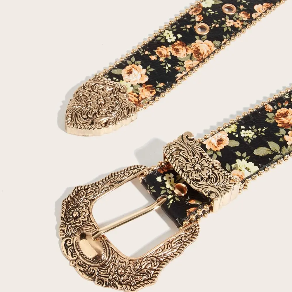 Bohemian-Style Blumen-Jeansgürtel mit Perlenbesatz Retro-Blumengürtel Vintage Hip-Hop Geschnitzter Metall-Schnallengürtel – Detail 3