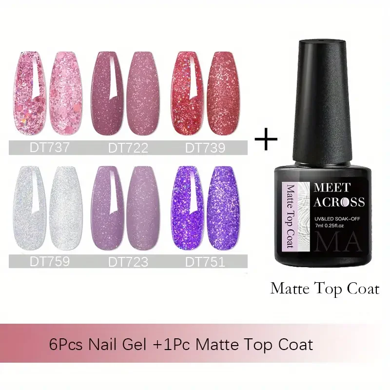 

7pcs/set Glitter Gel Nail Polish With Matte Top Coat Nail Art Soak Off UV Gel Glitter Spring Summer Nail Gel Polish For Manicure