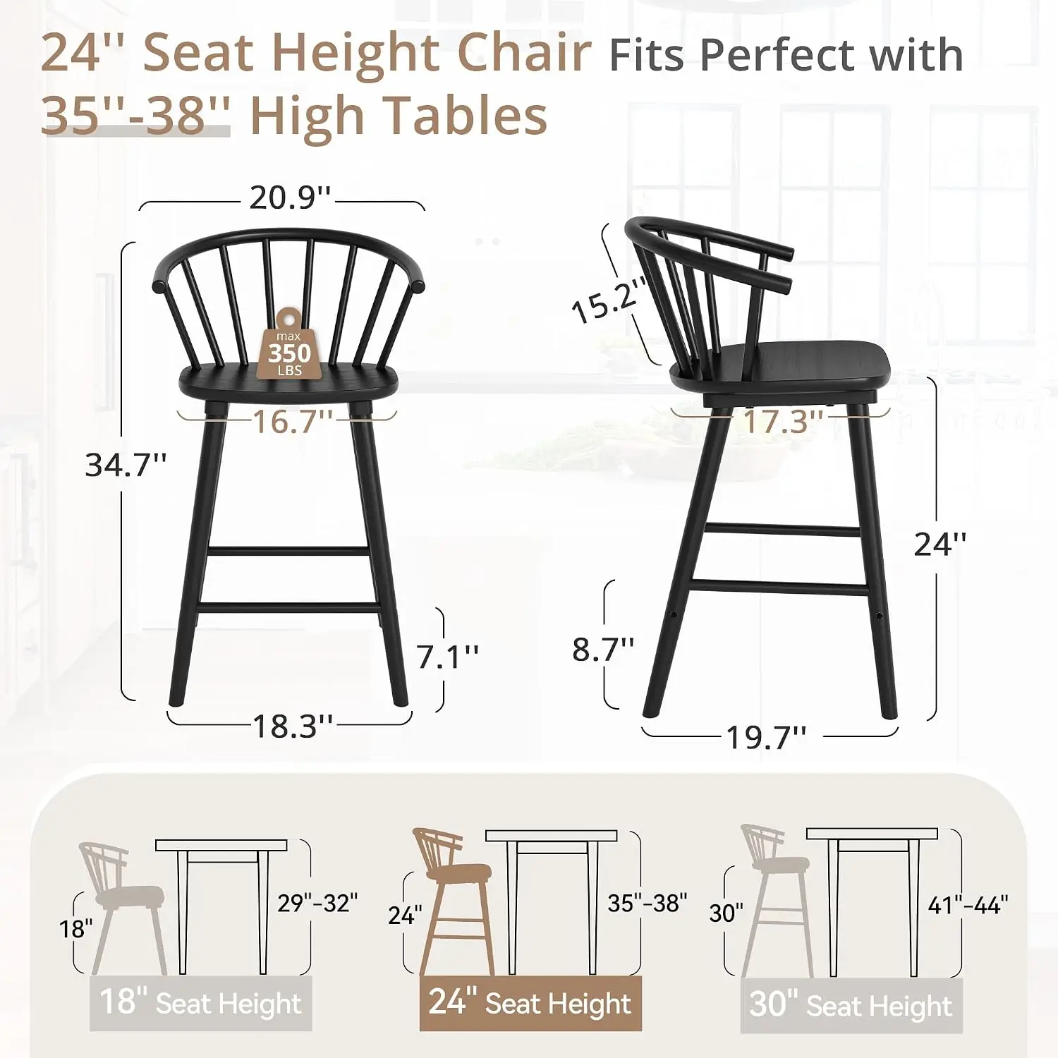 Black Farmhouse Bar Stools Set of 6 Semicircular Backrest Mid Century Counter Height Kitchen Island 24 Inch, Customized - view 2