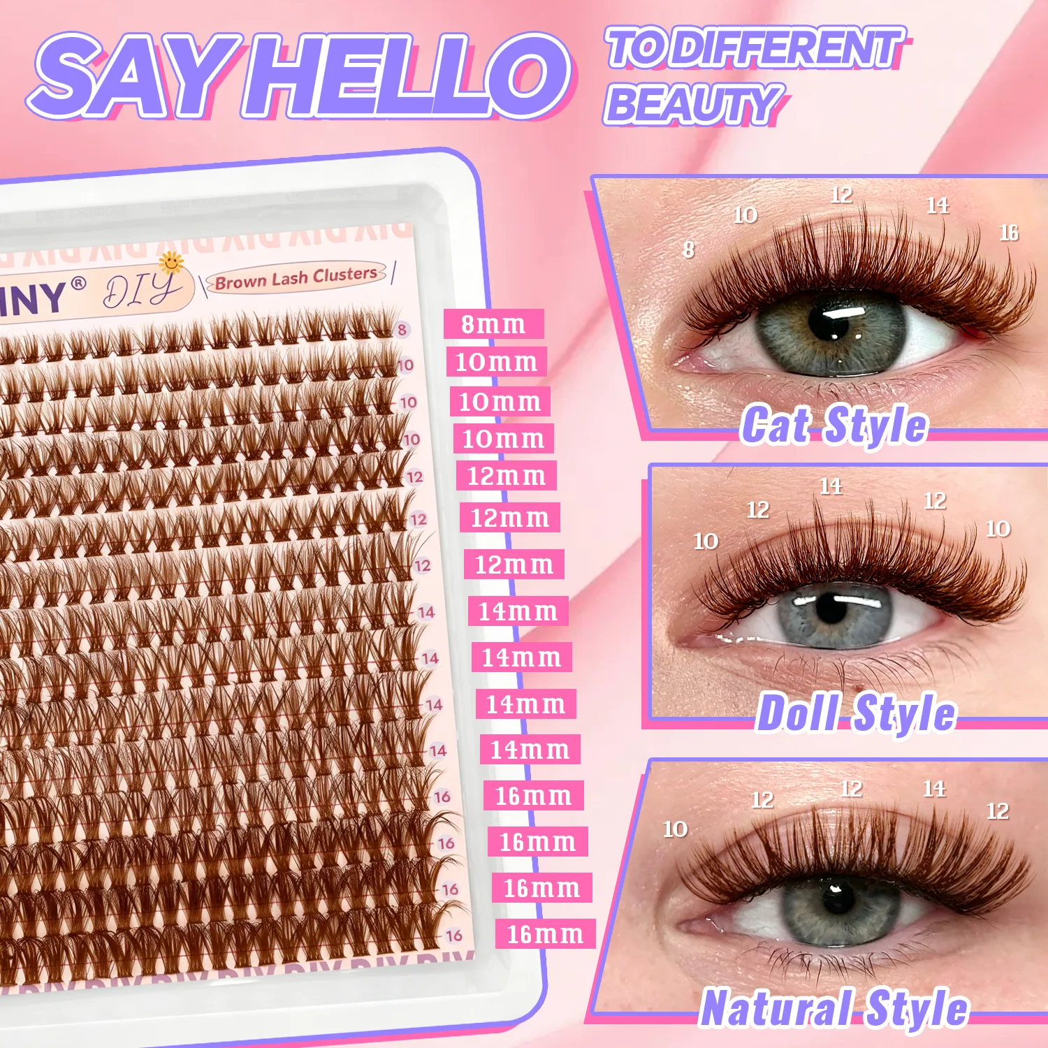 300PCS Brown Lash Cluster Kit, DIY Spiky Lash Extension 50D, 4 in 1 Lash Clusters Beginner Friendly