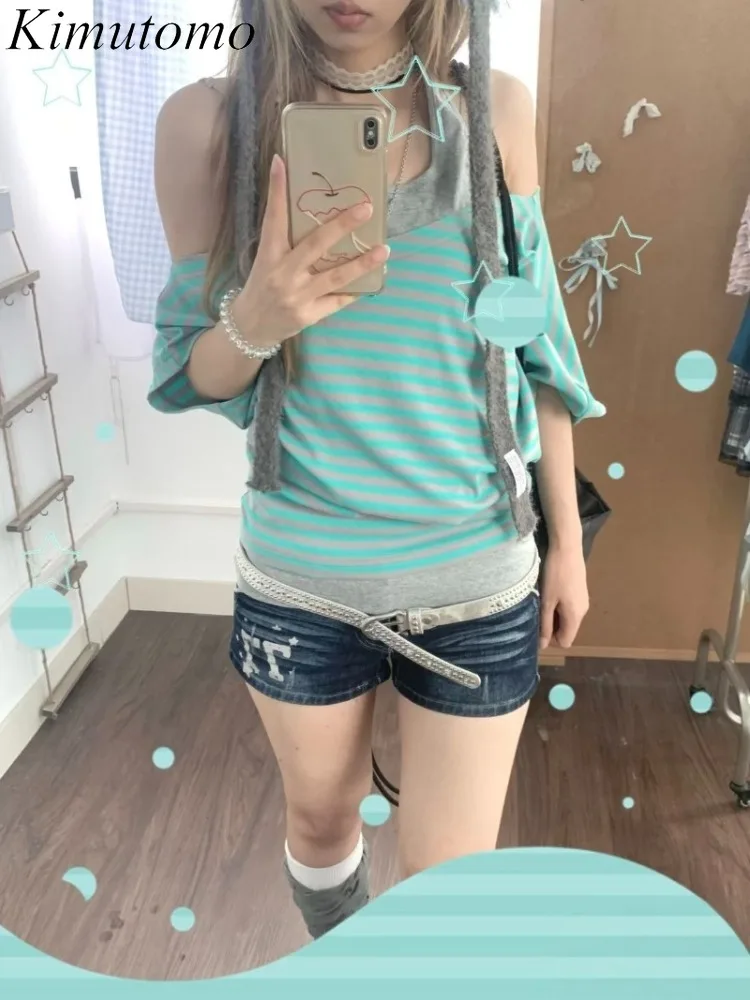 Kimutomo Women T Shirts Striped Printed Patchwork Off Shoulder Y2k Aesthetic Harajuku Tops Vintage Grunge Gothic Tee Shirt view 6