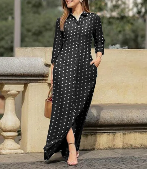 エレガントなプリントドレスファッションラペルシングルブレスト長袖スリムフィットドレス春秋ヴィンテージ婦人服