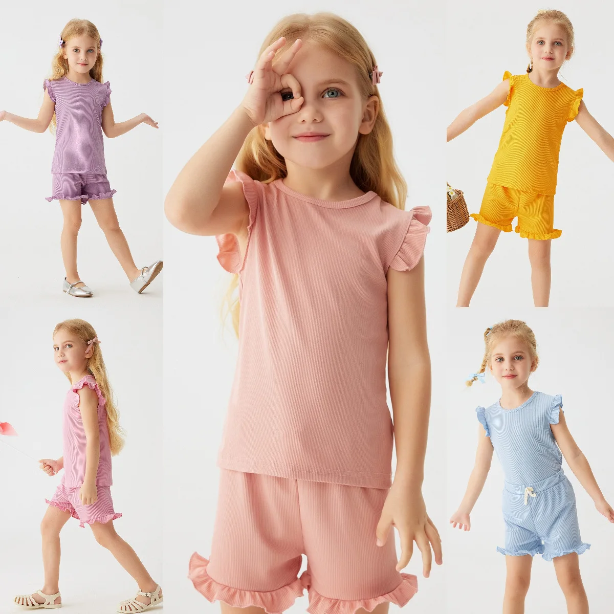 Somenie Girls Basic Two-Piece Set, Solid Color Cute Flutter Short Sleeve Top Elastic Waist Shorts Kids Daily Casual Outfit