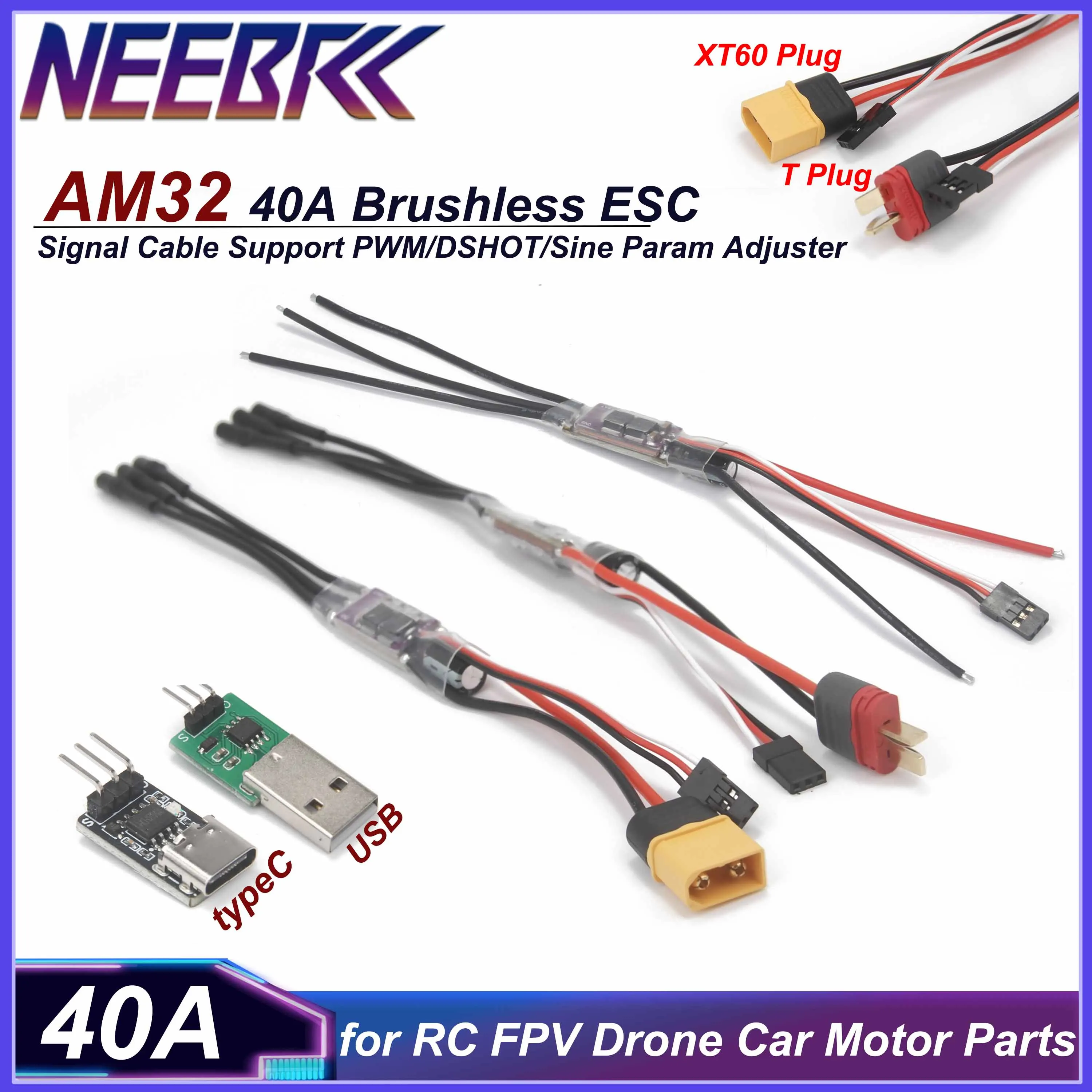 NEEBRC AM32 40A Brushless ESC 32-bit Mini ESC Signal Cable Support PWM/DSHOT/Sine T/XT60 Plug for RC FPV Drone Car Motor Parts