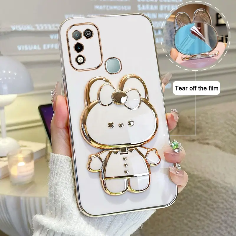 Makeup Mirror Phone Case For Infinix Hot 10 11 Play Plating Cartoon Rabbit Folding Bracket Phone Protection Case Cover