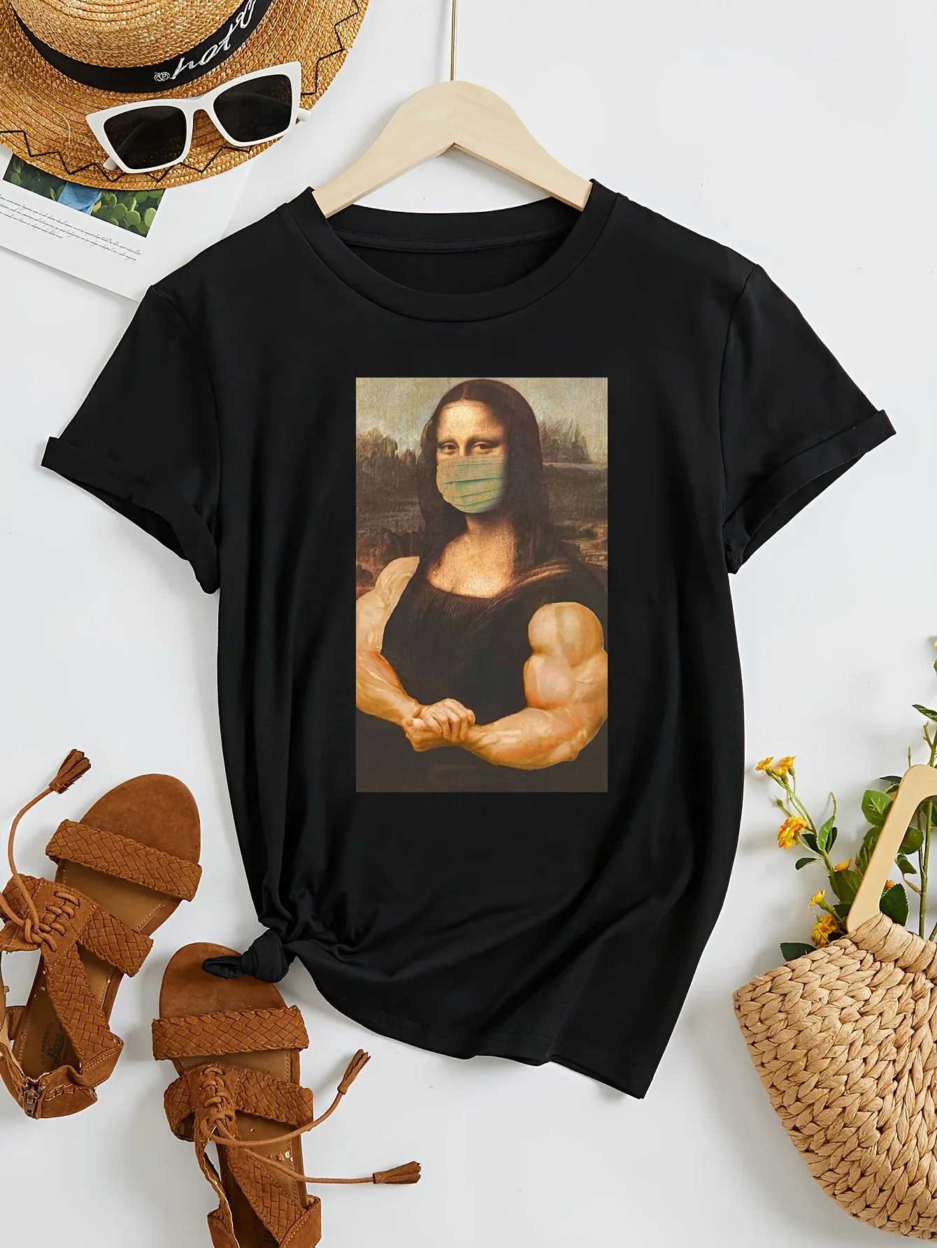 Fun Mona Lisa Workout Graphic Print Crew Neck Cotton T-Shirt Casual Short Sleeve Top for Spring Summer Women's Clothing