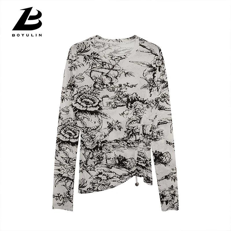 

2025 Women's Ink Painting Tee - Slim Fit Long Sleeve Round Neck Blous