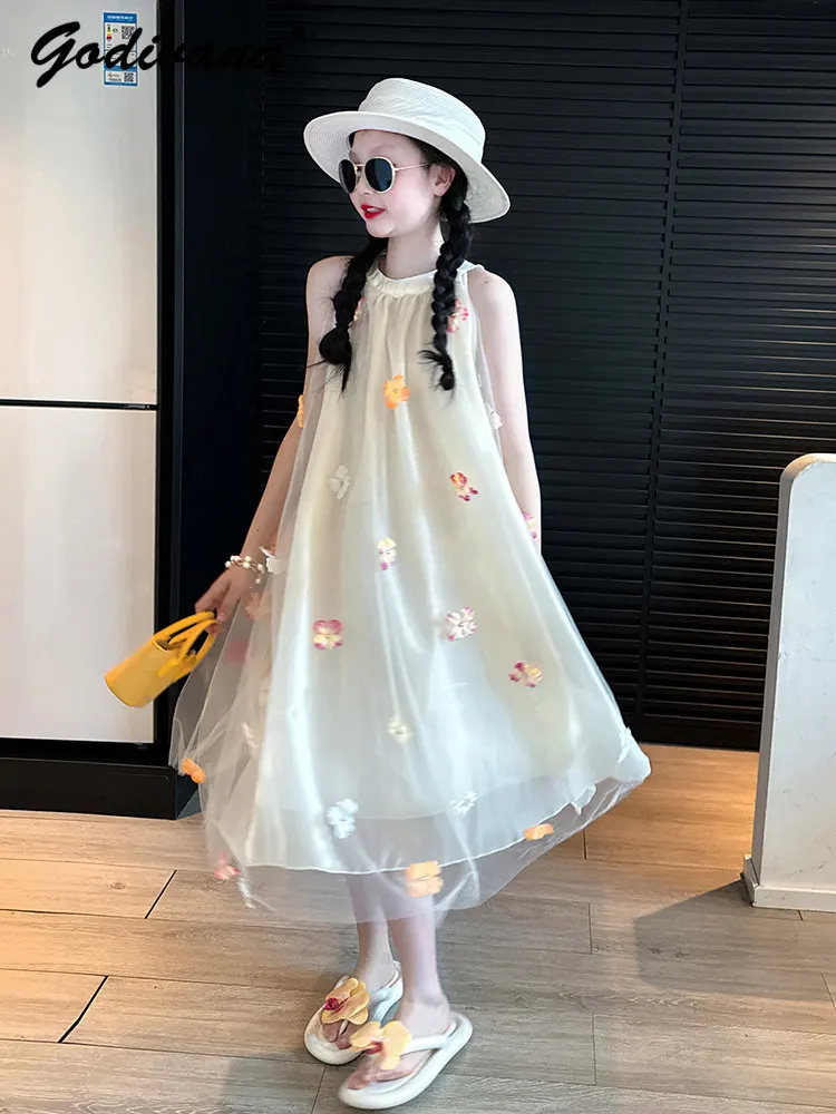 Little Girls Halter Dress 2026 Summer New Floral Embroidery Princess Sundress Girls Sweet Mesh Loose Sleeveless Elegant Dresses