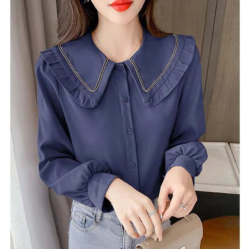 2023 Autumn Women Korean Fashion Elegant Button Shirts Sweet Ruffled Peter Pan Collar Solid Blouses Long Sleeve Chic Tops Blusa