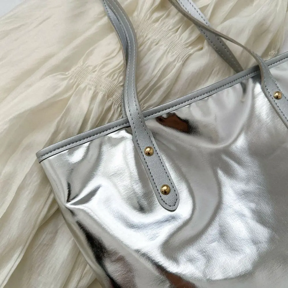 Women PU Leather Shoulder Bag Large Capacity Silver Tote Bags Casual Handbags Fashion Girls Travel Handle Bag Shopping Bag