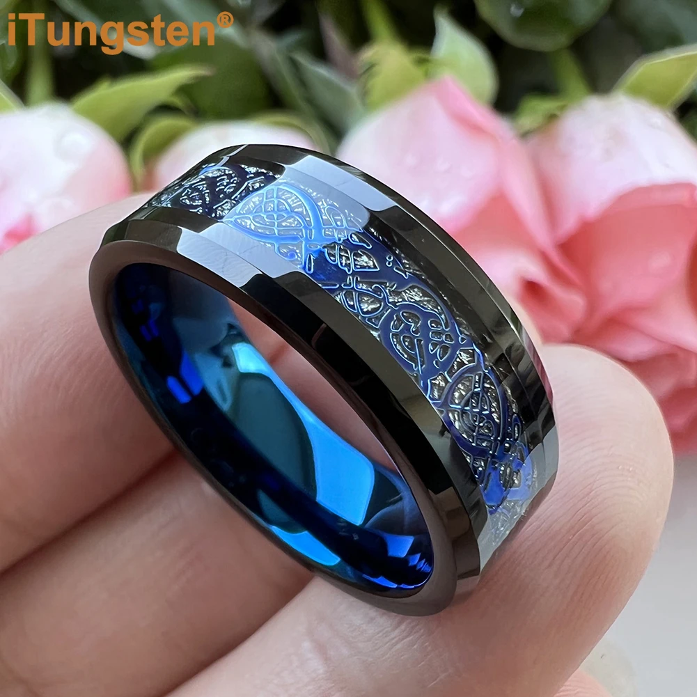 iTungsten 8mm Black Blue Color Tungsten Wedding Band Men Women Nice Dragon Ring  Meteorite Based Fashion Jewelry Comfort Fit