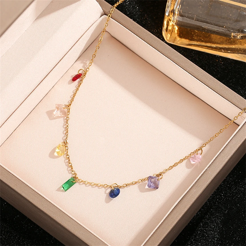 316L Stainles Steel Simplicity Retro Rainbow Zircon Pendant Clavicle Chain Necklaces Bracelet Fashion Jewelry Party Gift SAN1550