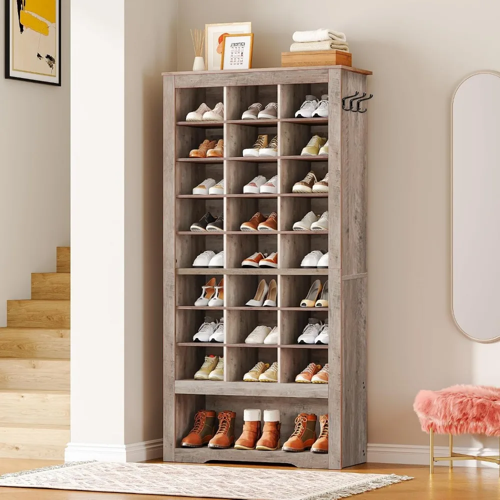 Tall Shoe Cabinet Set of 2, 9 Tier Shoe Storage Cabinet, Freestanding Wooden Shoe Organizer with 24 Cubbies and 3 Hooks, for En #4