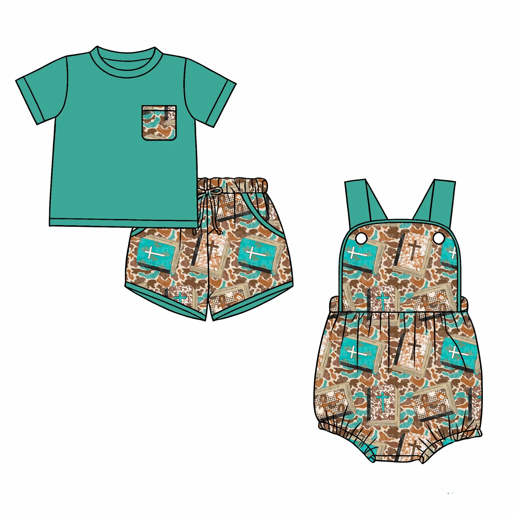 Children Hunting Camouflage Print Easter Shorts Outfits Baby Boy Bubble Romper Brother Matches Kids Western Clothing - view 5