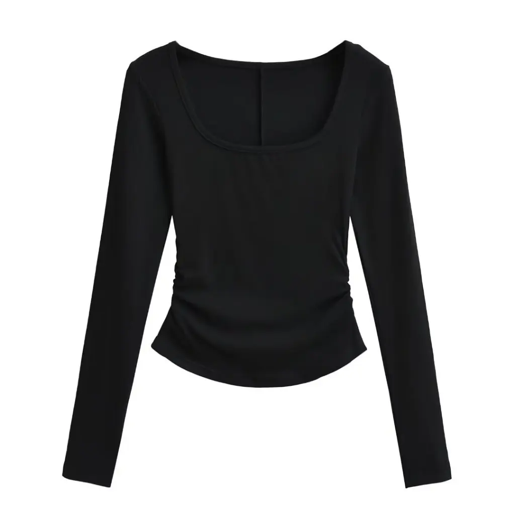 

Winter Fashion Women's T-Shirt Square Collar Patchwork Pleated Long Sleeve Bottoming Top Clothing