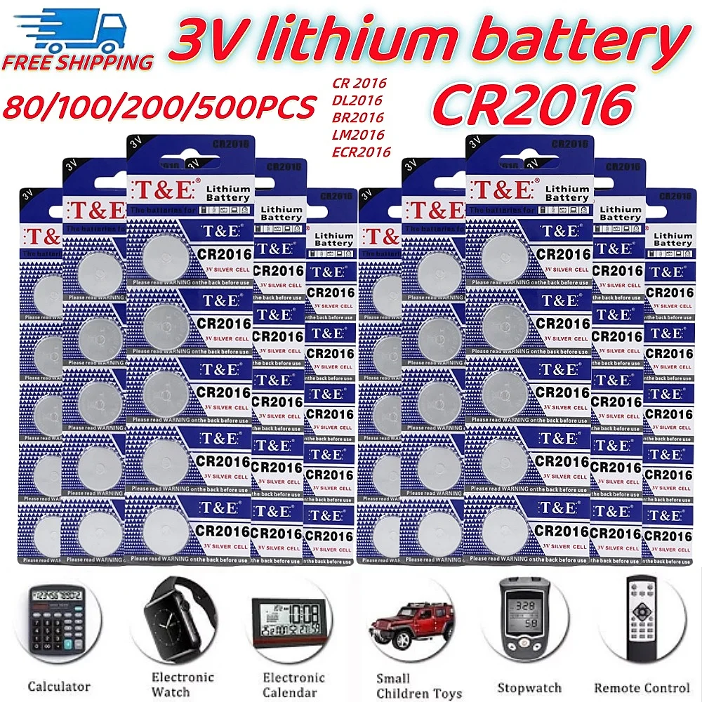 

100PCS cr2016 3v lithium battery 80mAh CR 2016 DL2016 BR2016 LM2016 ECR2016 Button Coin Cells Batteries For Watch Remote Key