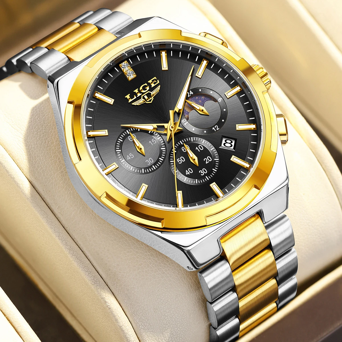 LIGE Classic Business Man Watch Stainless Steel Fashion Luxury Waterproof Luminous Moon Phase Date Casual Quartz Watches for Men