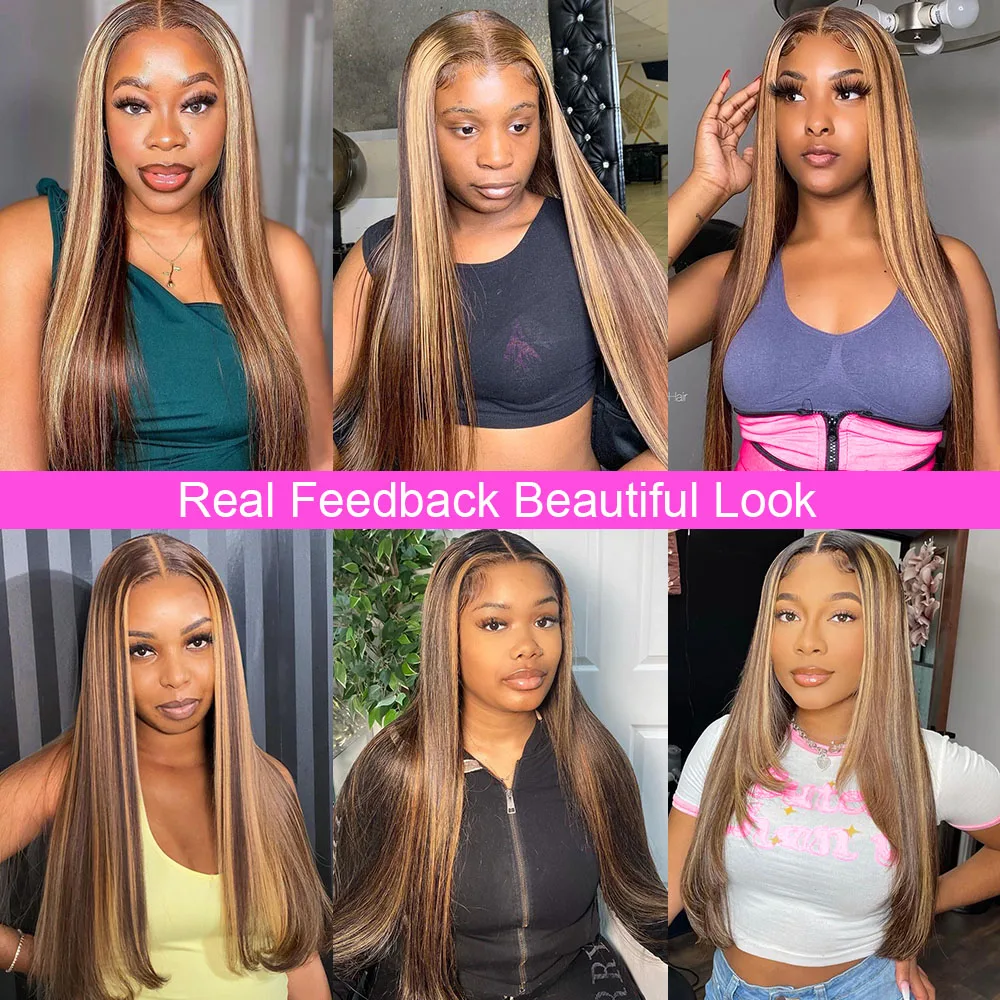 13x4 Highlight Ombre Bone Straight Lace Front Human Hair Wigs 4/27 Brown Colored 13x6 HD Transparent Lace Frontal Wig For Women