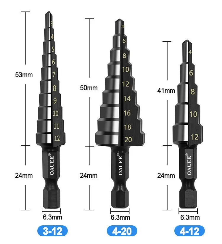 3 stuks HSS rechte groef stap boor 3-12mm 4-12mm 4-20mm Nitride zwart hex hout metalen gat snijder kern boorgereedschap set