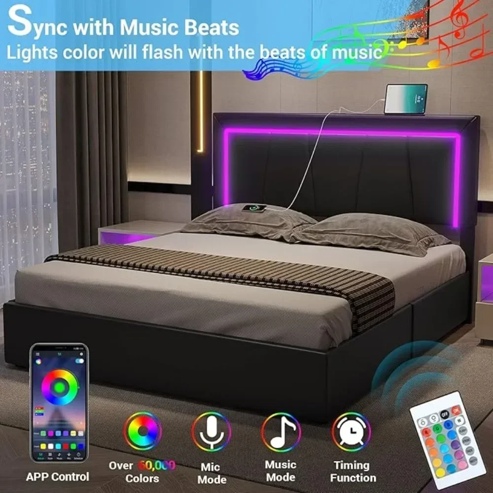 Estructura de cama de tamaño completo con 4 cajones de almacenamiento y plataforma tapizada de piel sintética, con puertos USB y cabecera LED ajustable, color blanco