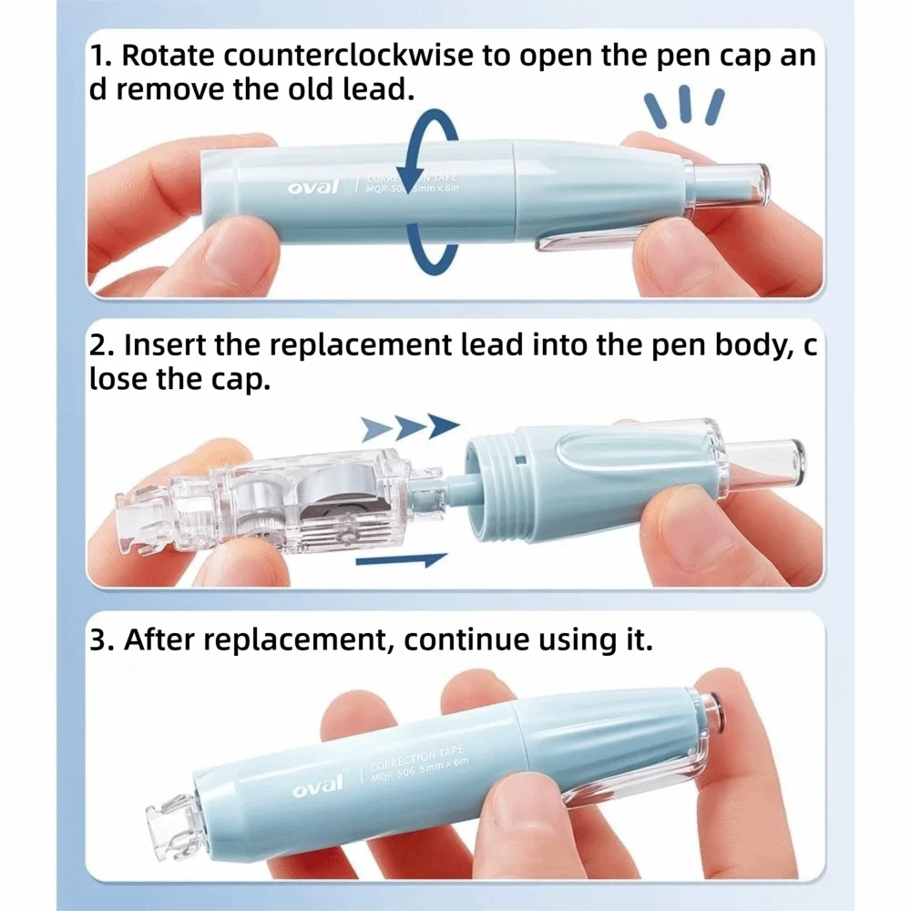 Multi-functional 360° Rotatable Tip Correction Tape Refillable Pres Type White Out Tape Invisible Correction Roller Students