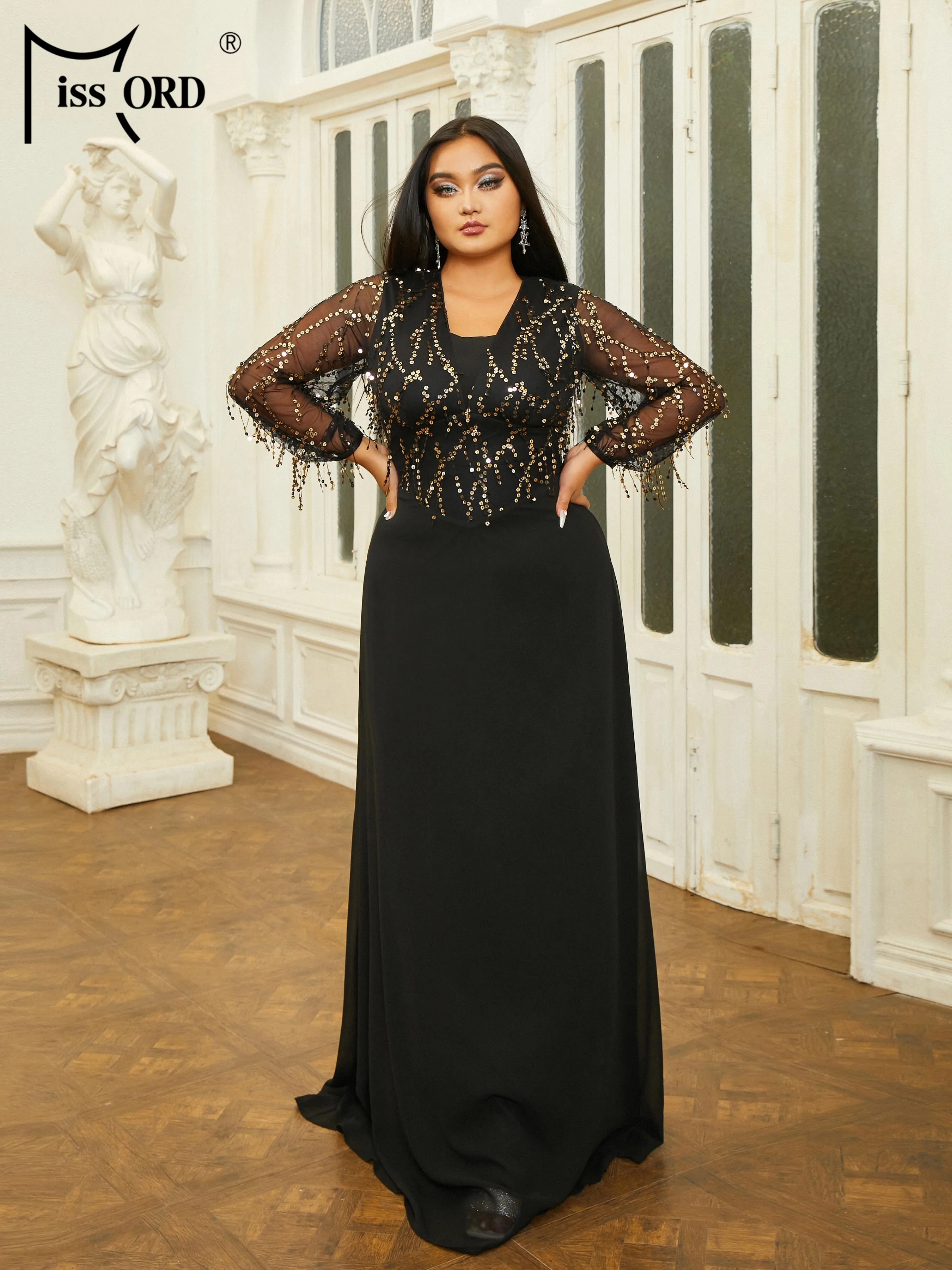 Missord Women Gold Sequin Tassel Plus Size Evening Dress Elegant
