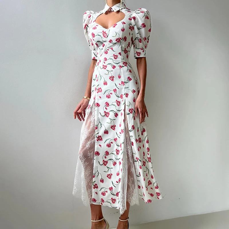 

Talenza Floral Print Long Dress For Women Puff Sleeve Hollow Out Lace Patchwork High Waist Dress Lady Sexy Elegant Holiday Dress