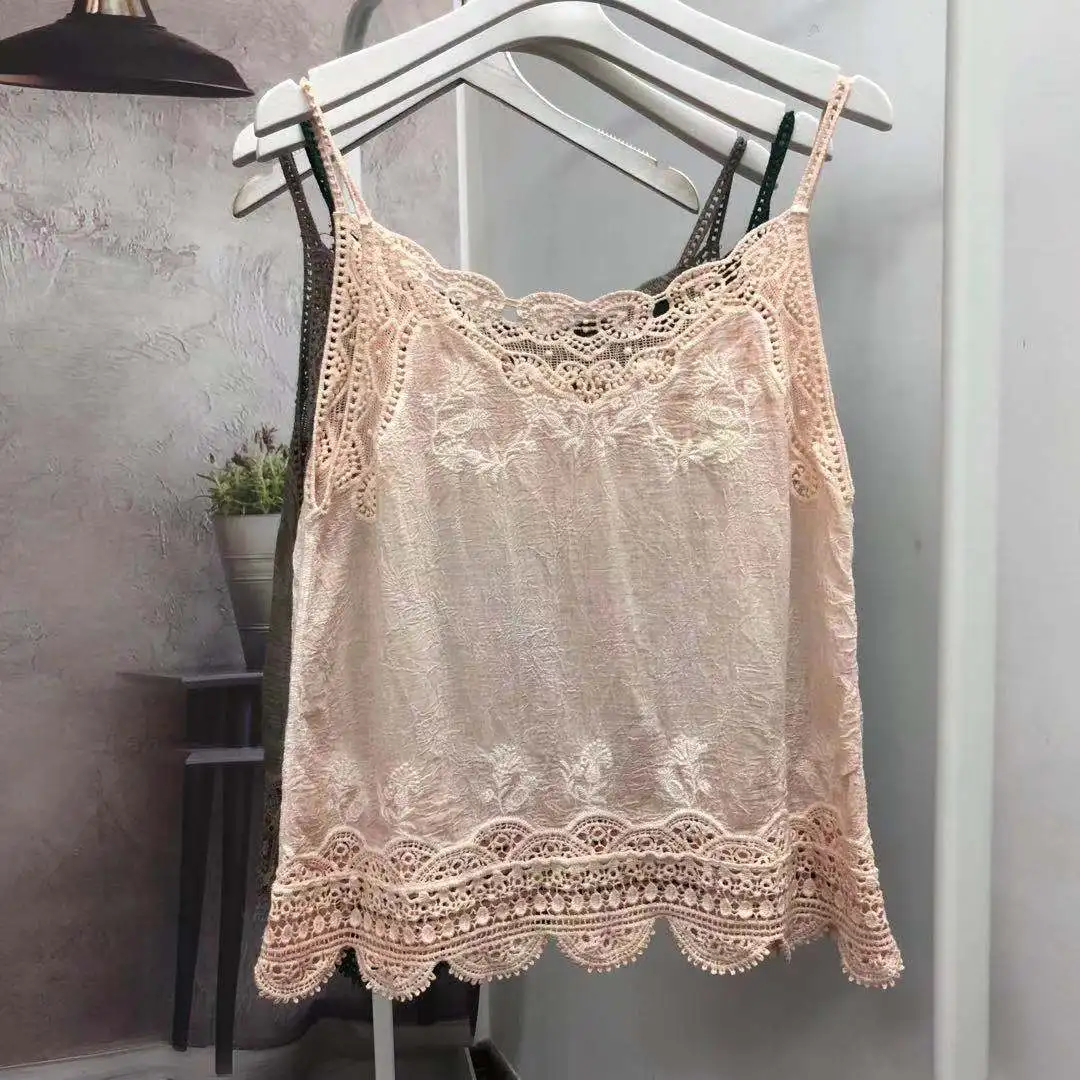 Top de Verão Versátil em Algodão Fino com Renda Artística Retro, Colete Crew Neck 2024 Primavera Verão