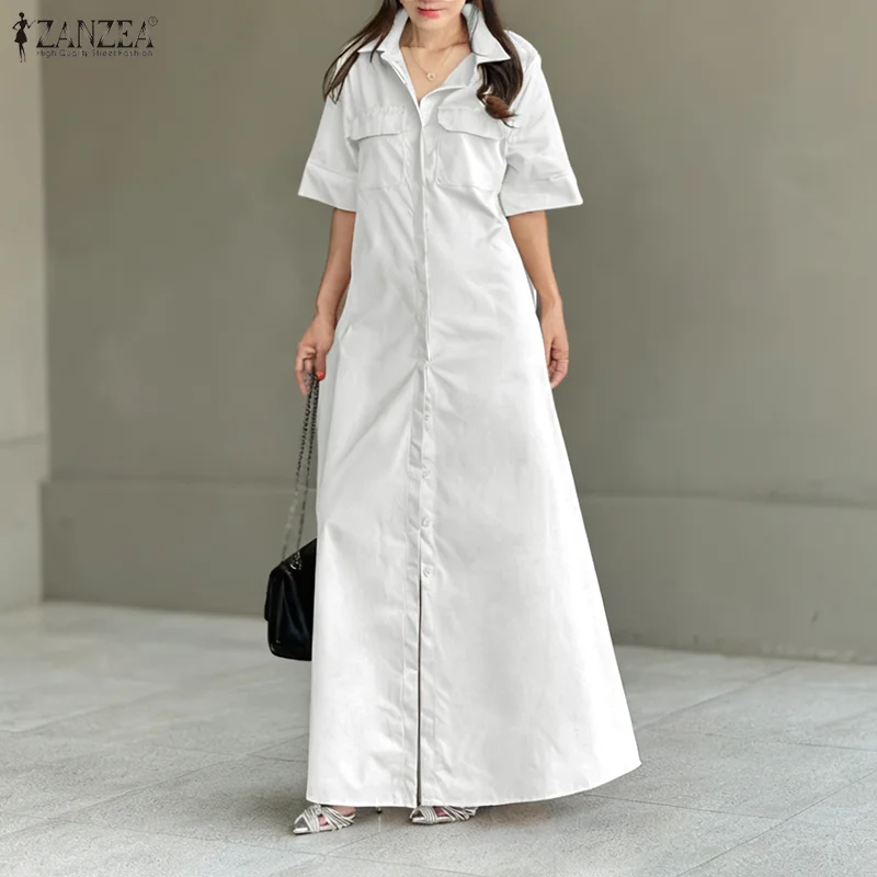 ZANZEA Damska Sukienka Maxi, Modna Długa Koszula-Sukienka Letnia z Półrękawami, z Paskiem, Streetwear 2025, Elegancka, Zapinana na Guziki, Luźna Szata