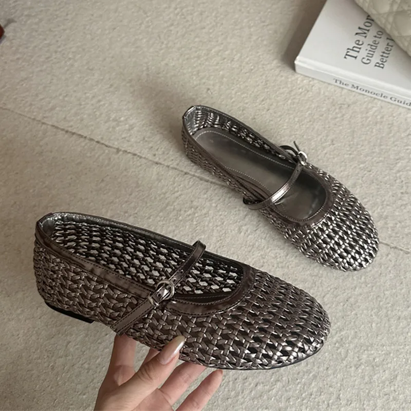 

Bailamos 2026 Summer New Brand Women Flats Fashion Weave Hollow Slip On Mary Jane Shoes Ladies Ballet Flats Soft Dress Shoes