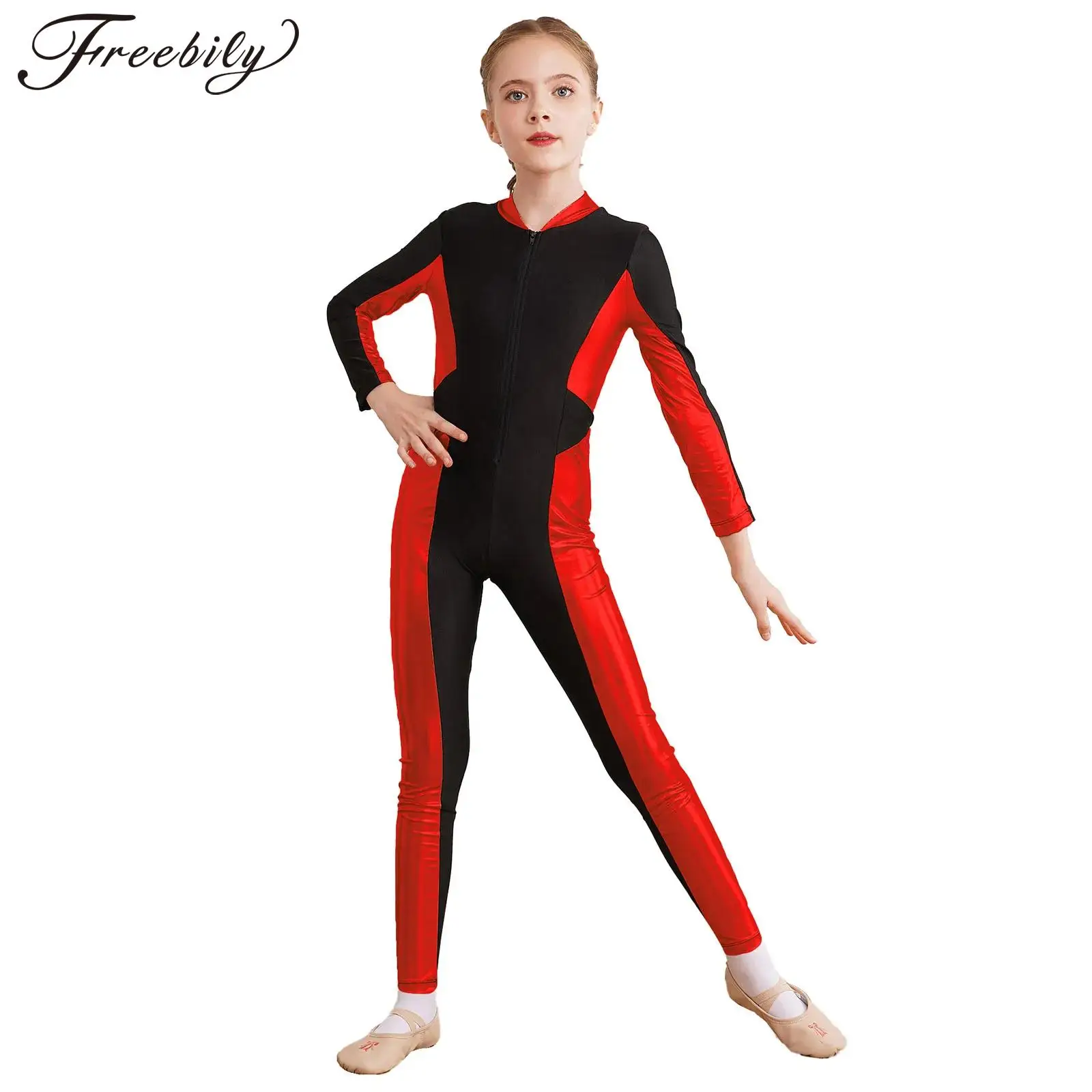 

Kids Girls Zipper Gymnastics Jumpsuit Patchwork Dancewear Long Sleeve Metallic Figure Skating Unitard for Acrobatics Bodysuit