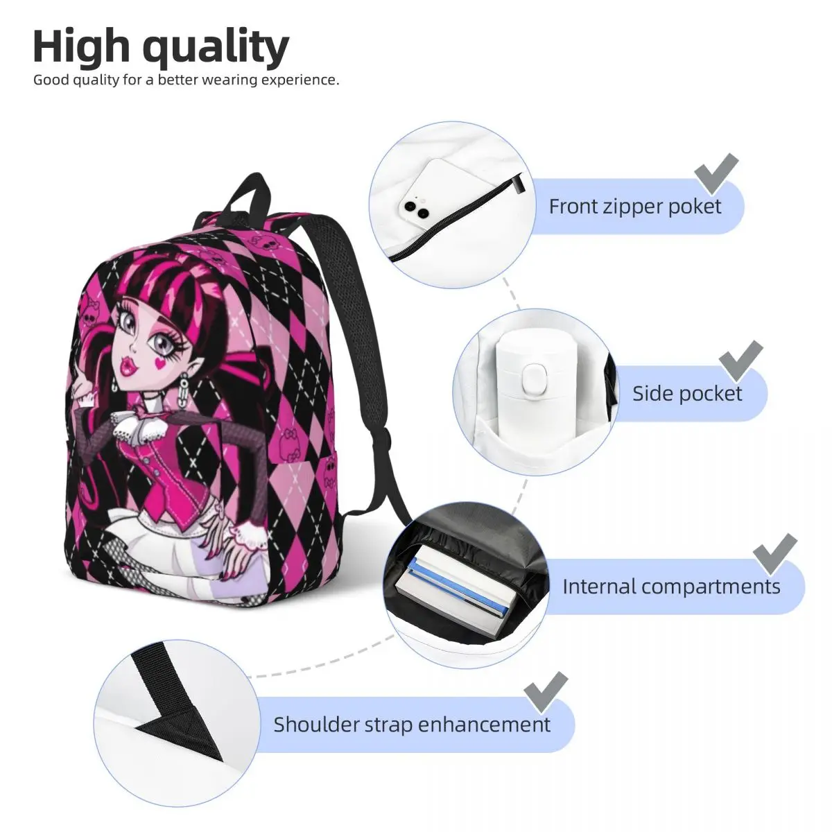 Dráculaura mochila para homens mulheres casual trabalho do ensino médio daypack monster high computador portátil sacos de lona leve