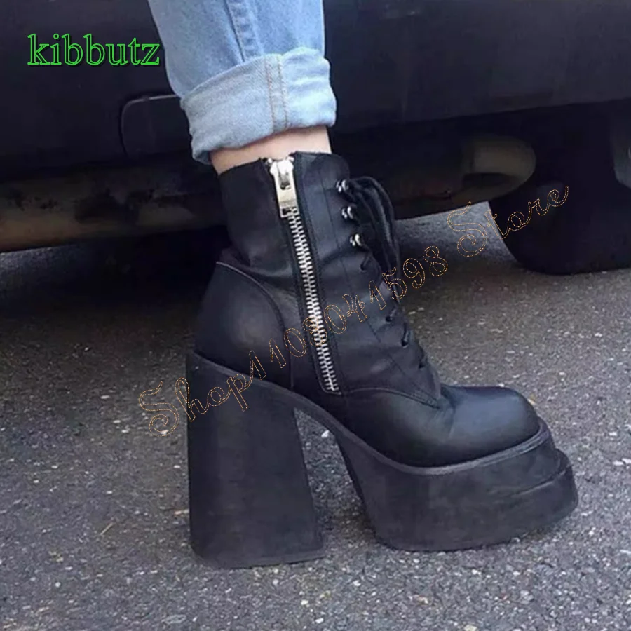 

Black Platform Leather Ankle Boots Round Toe Zippered Heel Boots Thick Heel Strappy Women Boots 2024 New Zapatos Para Mujere