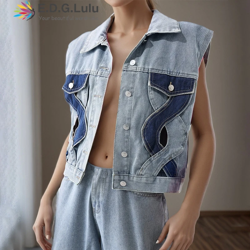 

EDGLuLu New Arrival Turn-Down Collar Sleeveless Denim Vest Leisure Street Design Color-Blocking Denim Jacket 0828