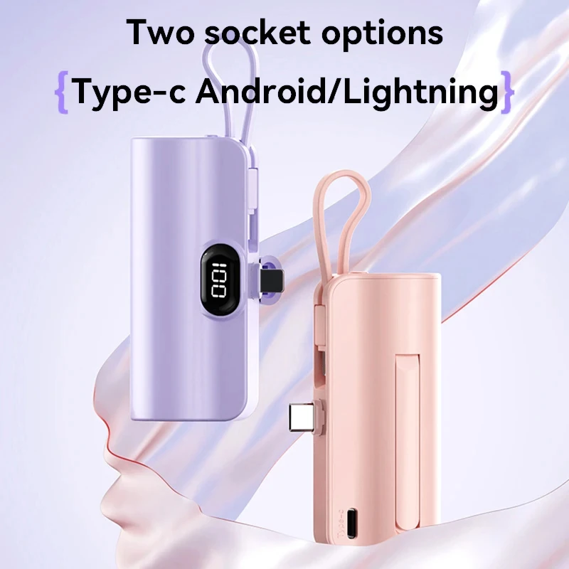 20000mAh Mini Power Bank Portable External Battery Type-C Lightning Built In Cable Powerbank High Capacity Charging For iPhone