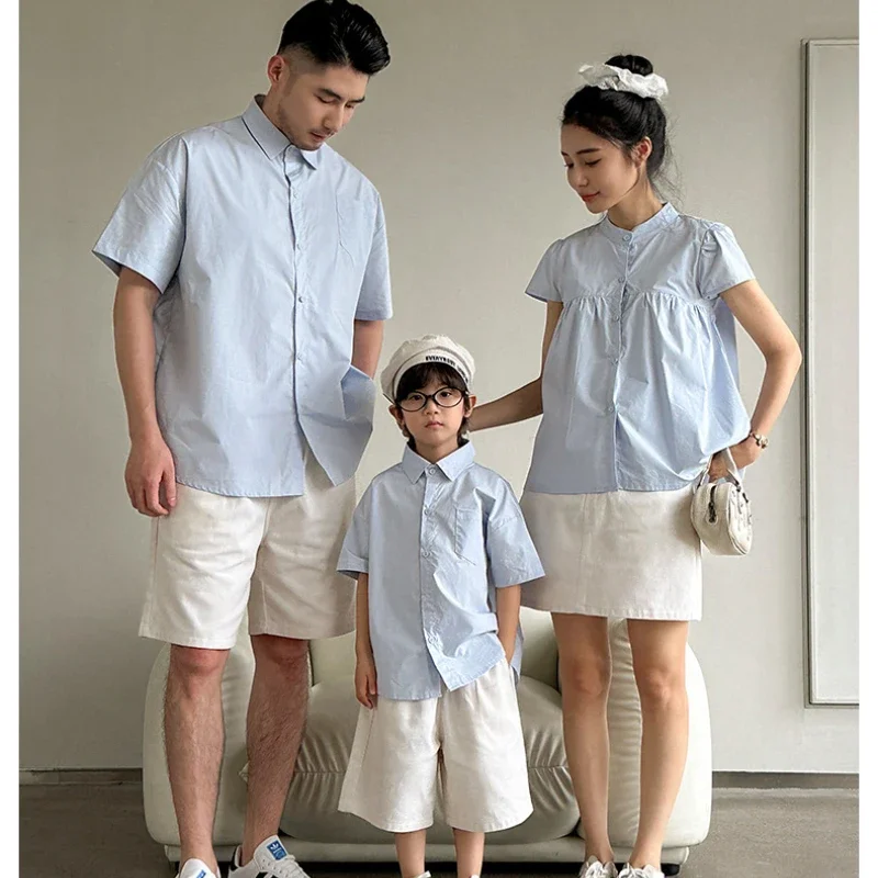 

Платье для мамы и дочки, комплект футболок для папы и сына, одинаковые комплекты для всей семьи, платье для девочек, летняя детская одежда, рубашка с короткими рукавами, синий топ, шорты