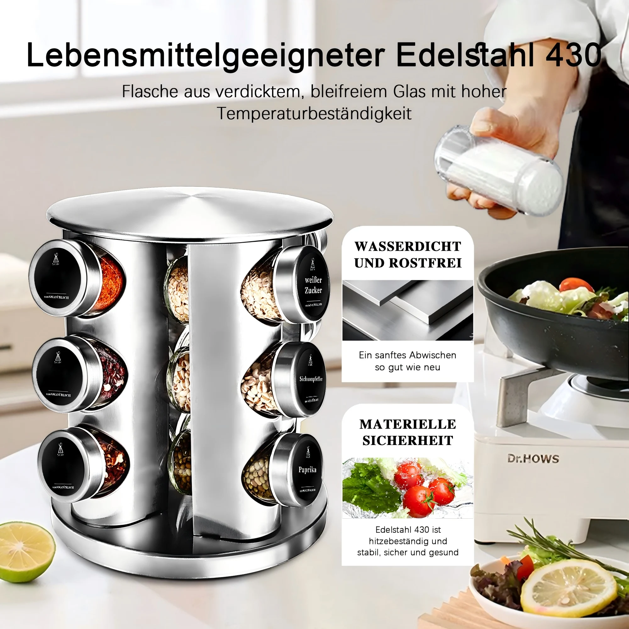 SIAZIH Drehbares Gewürzregal-Set mit 12/20 luftdichten 100ml Gewürzgläsern aus Glas mit Deckeln und Etiketten 360 ° Edelstahl-Gewürzorganizer für die Küchenarbeitsplatte, Gewürzhalter, Küchenlagerung & -organisation | Küchenregal | Gewürz-Organizer – Detail 1