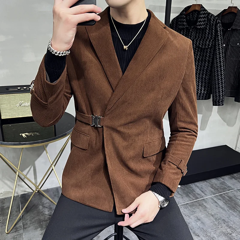 High Quality Corduroy Men Blazers Solid Color Casual Business Suit Jacket Slim Social Banquet Tuxedo Dress Coat Costume Homme